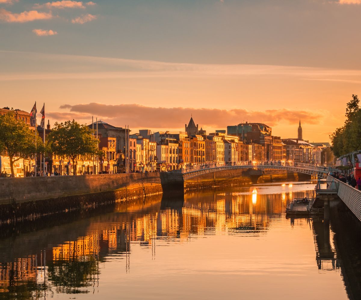 Dublin city centre and the River Liffey banks during the sunset