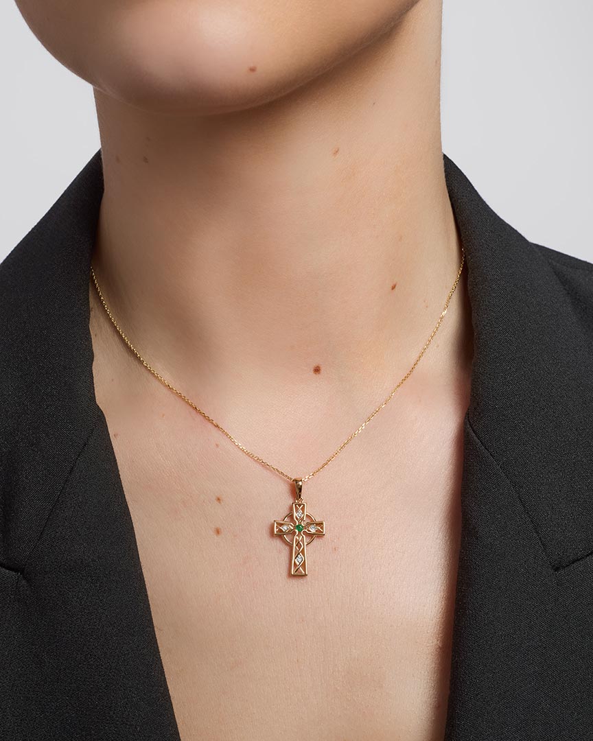 9K Gold Emarald And Cubic Zirconia Celtic Cross Pendant S44508 from Solvar on a model
