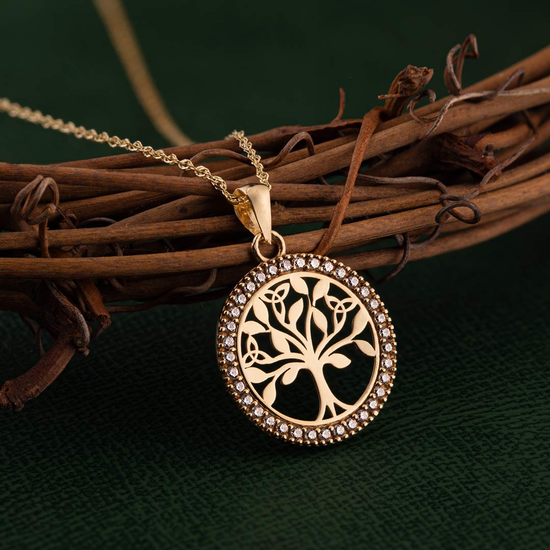 styled image of 10 karat gold round Celtic tree of life necklace S46894  framed with cubic zirconia stones from Solvar