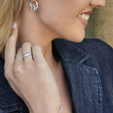 silver claddagh ring and claddagh creole earrings on model