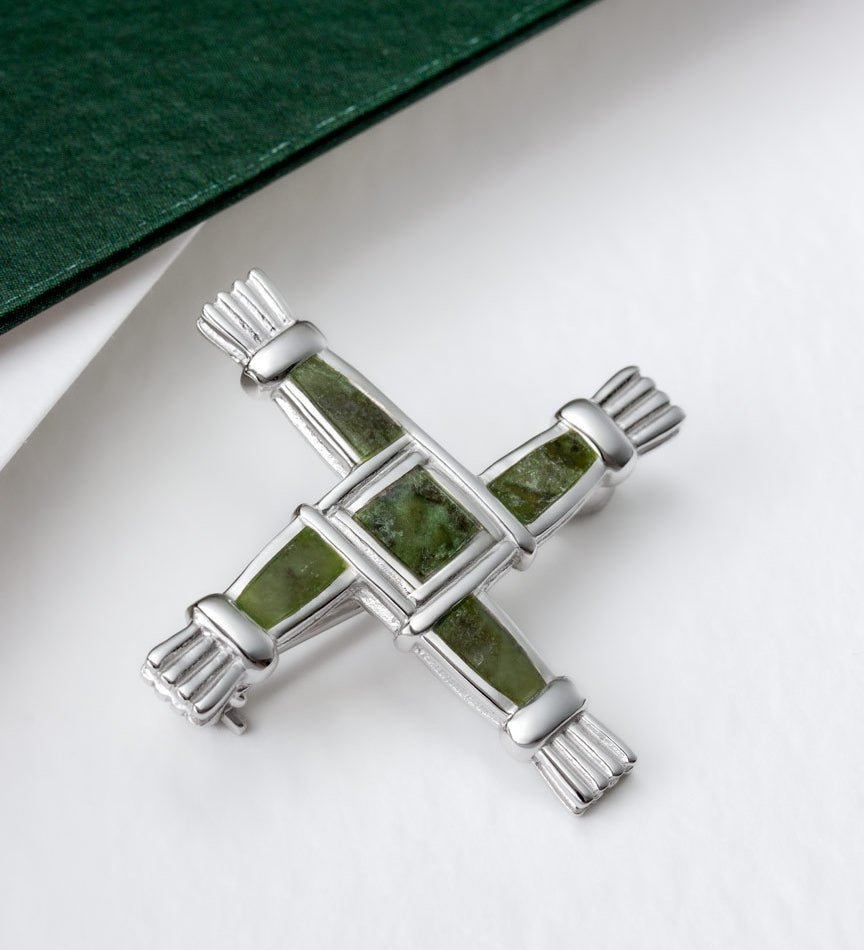 lifestyle image of Connemara marble St Brigid's Cross brooch from Solvar