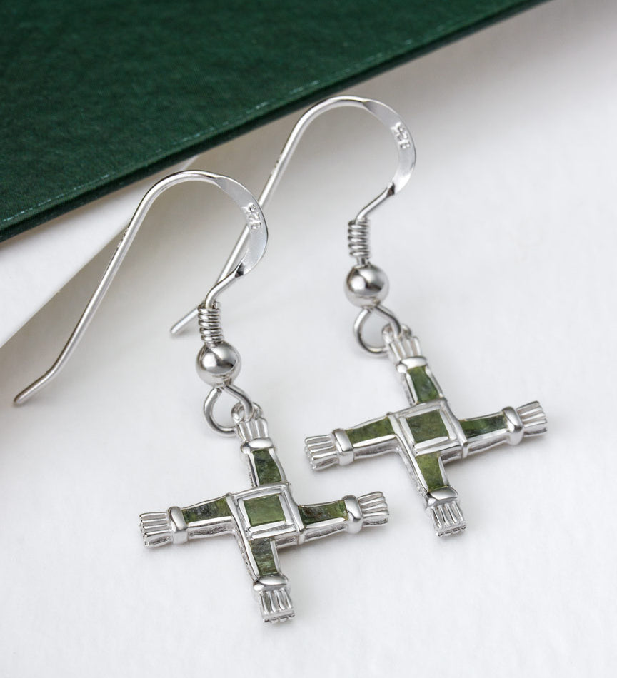 lifestyle image of Connemara marble St Brigid's Cross earrings from Solvar