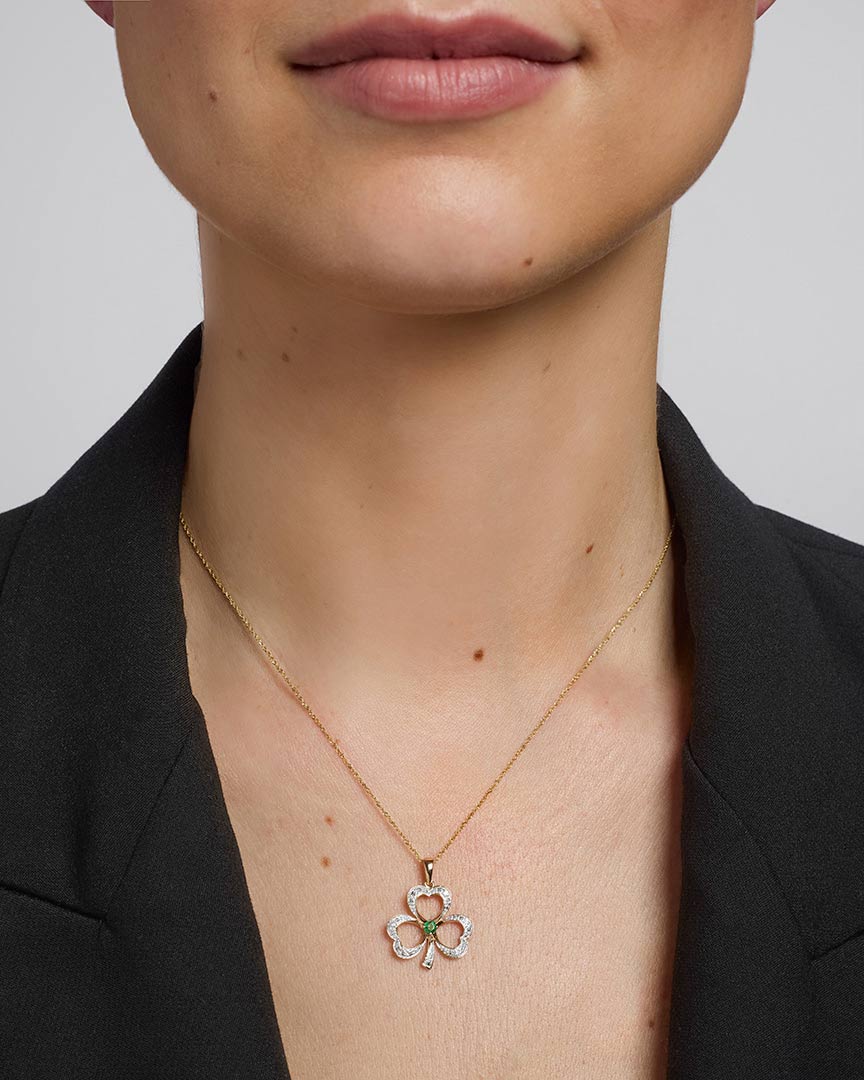 14k gold diamond & emerald shamrock necklace s46104 on a model 1