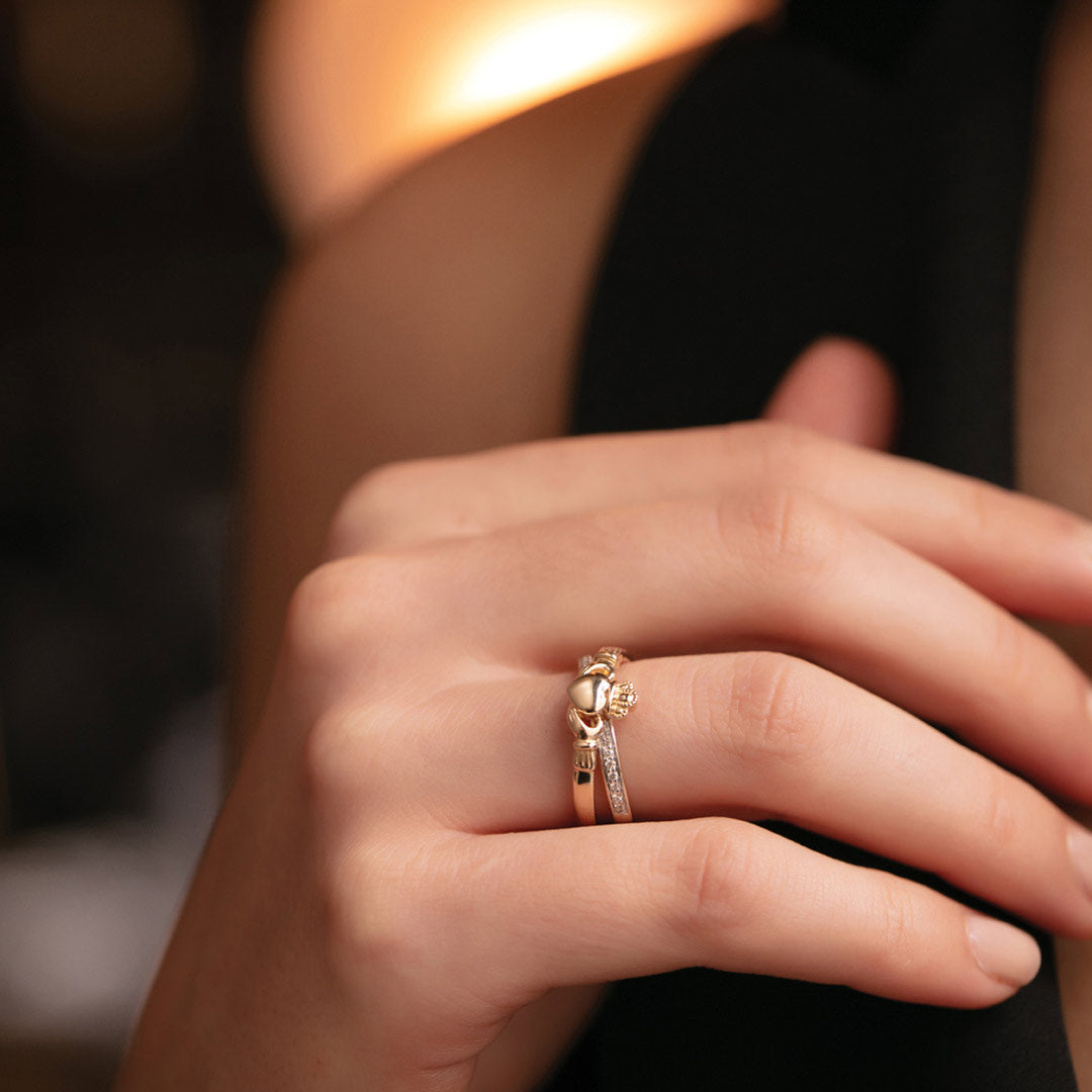 14k gold diamond claddagh crossover ring s21065 from Solvar on a model 2