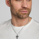 male model wearing double-sided silver Celtic Cross pendant from Solvar