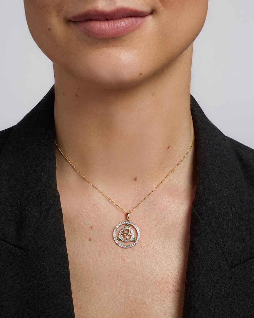 two tone gold  Round Celtic Knot Necklace S46788 on a model 1