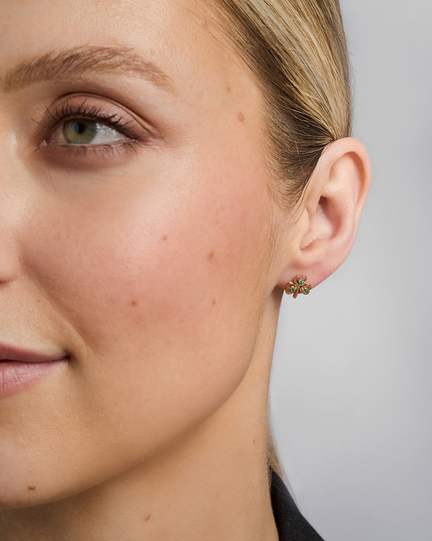 14K gold emerald shamrock earrings s33484 on a model 2