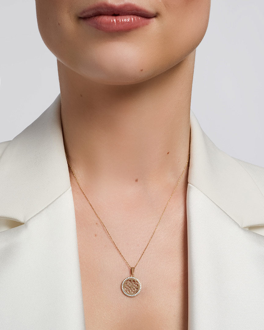 celtic round trinity knots necklace presented on a model