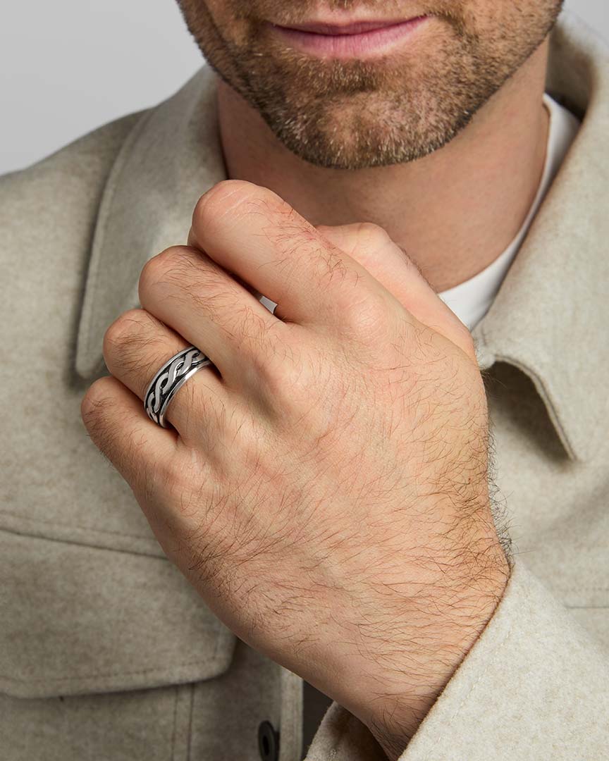 closeup image of men's celtic knot band ring in silver