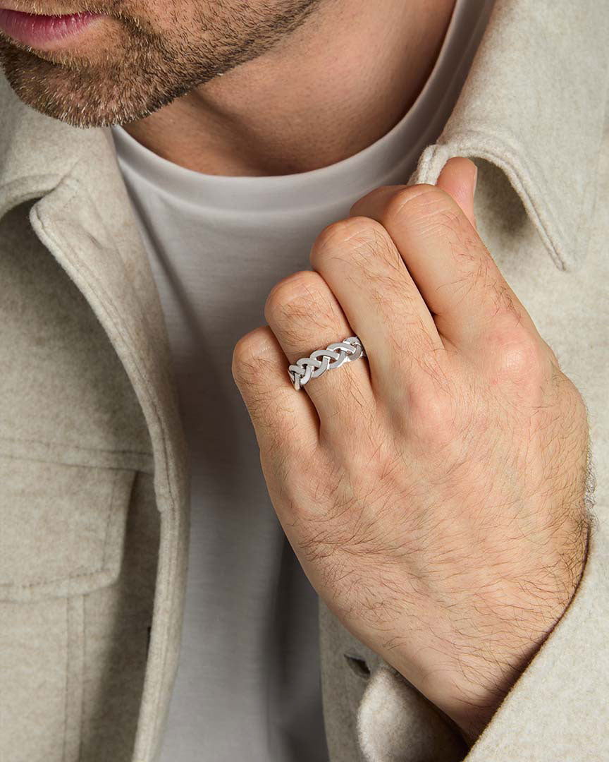 closeup image of silver celtic knot rins on a male model