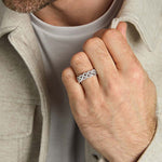 closeup image of silver celtic knot rins on a male model