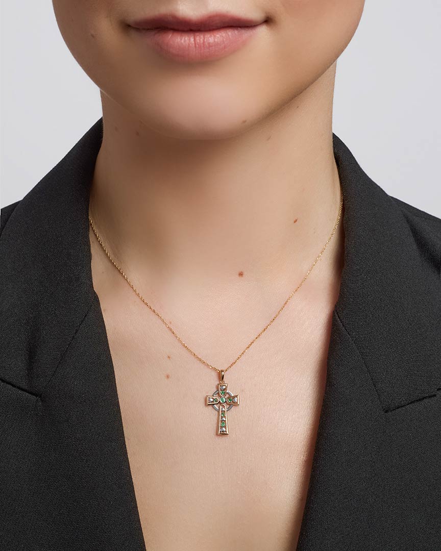 14k gold emerald celtic cross pendant s45641 from Solvar on a model