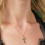 14k gold emerald celtic cross pendant s45641 from Solvar on a model 2