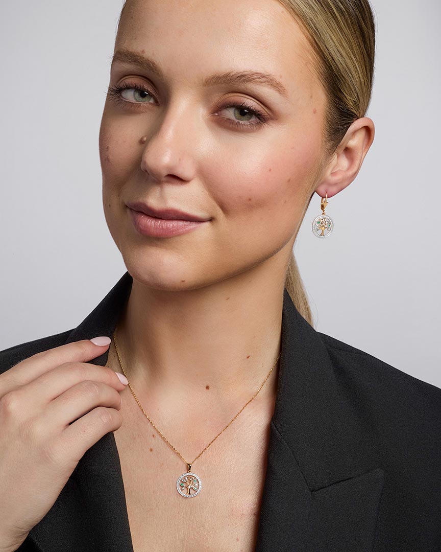 diamond & emerald tree of life earrings s33748 on a model 2