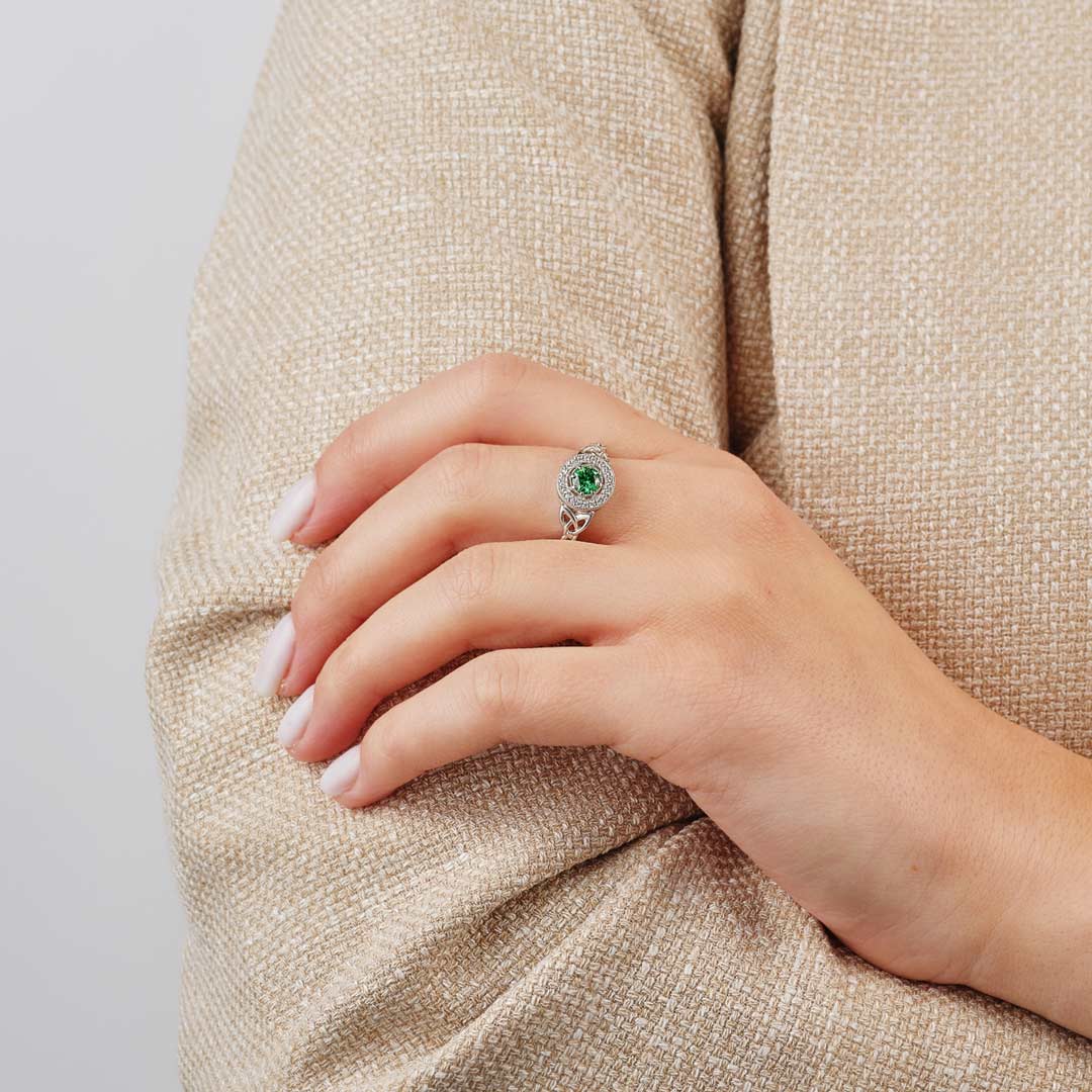 Sterling Silver Cluster Green CZ Trinity Knot Ring S21134 on a model 2