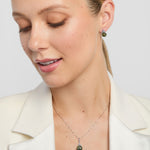 Connemara marble silver trinity knot necklace and earrings set on a model