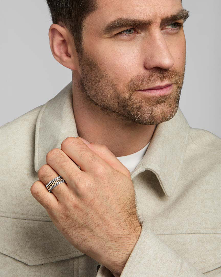 male model wearing mixed metal Celtic knot band ring from Solvar