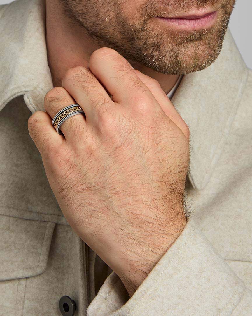 men's gold and silver Celtic Knot band ring on a model