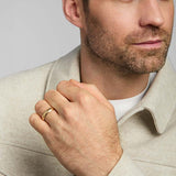 a male model wearing gold claddagh wedding band ring