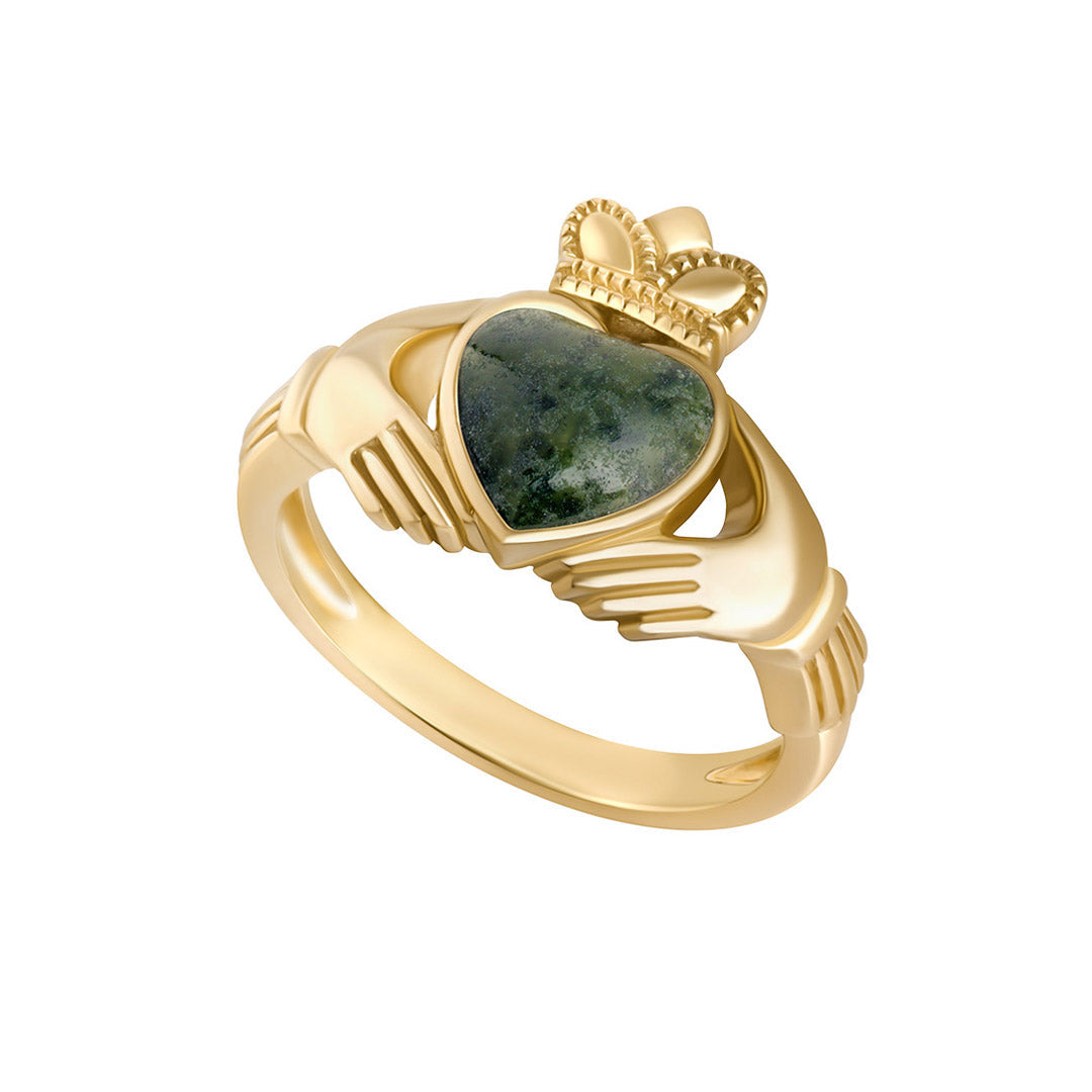 mens connemara marble claddagh ring S21189 in yellow gold on white backrground