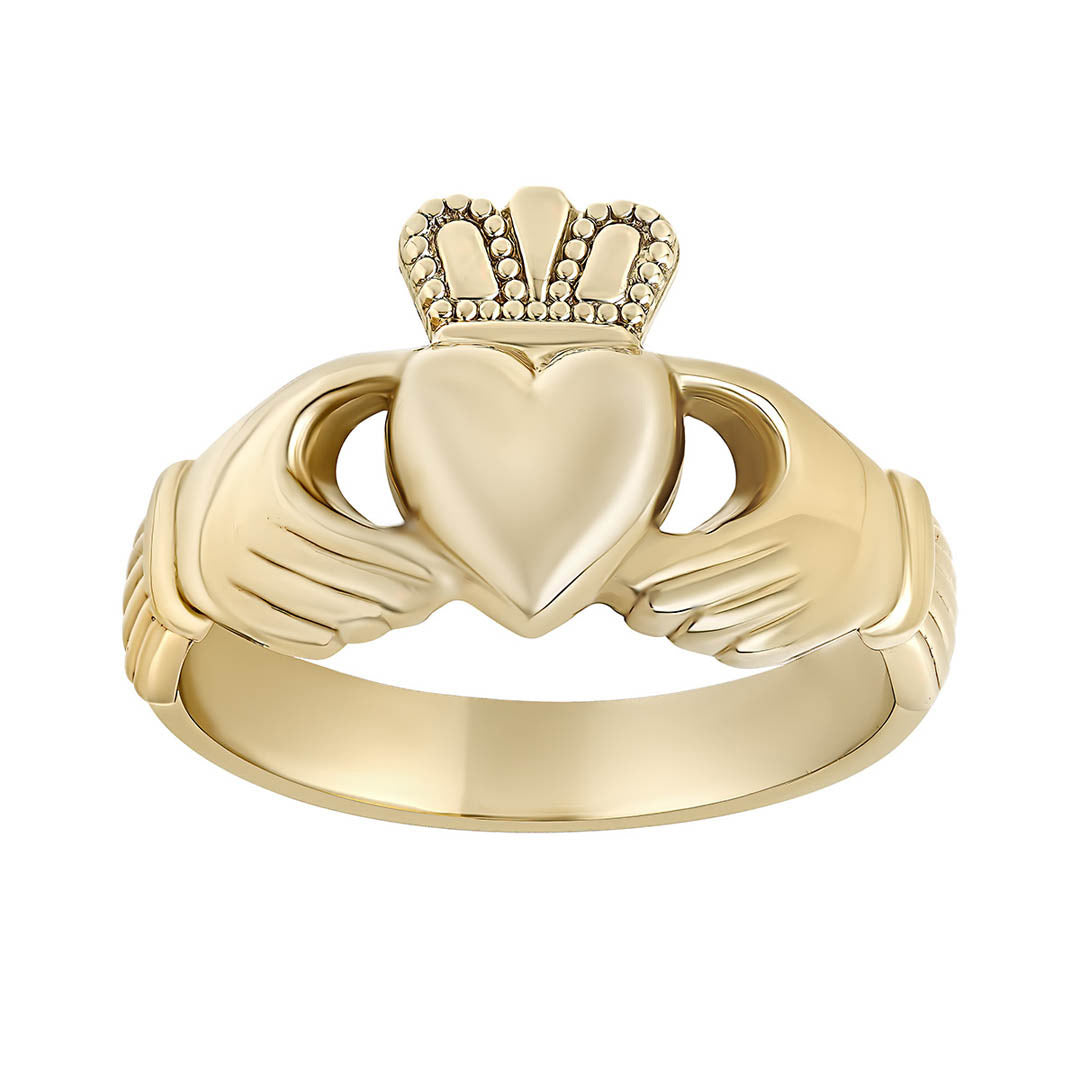 Stock image 3 of yellow Gold mens Heavy Claddagh Ring on white background