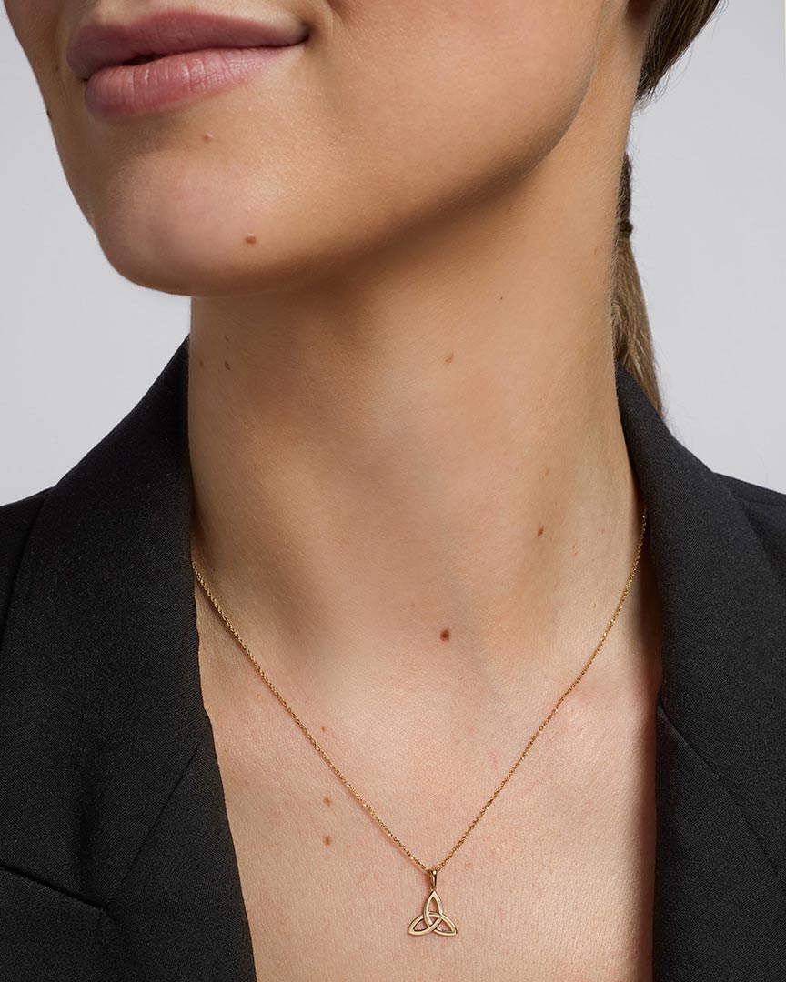 14k gold small trinity knot pendant s44175 on a model 1