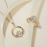 lifestyle image of 1.25ct lad-grown diamond Claddagh ring and necklace set from Solvar