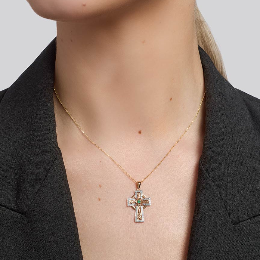 14k gold diamond and emerald cross necklace s46103 from Solvar on a model