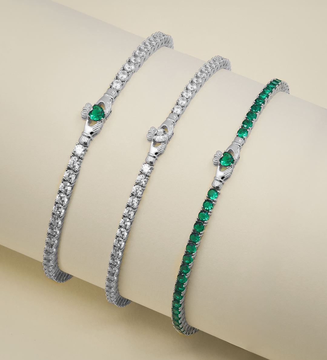 close up shot of Claddagh 3mm cz tennis bracelets stack from Solvar