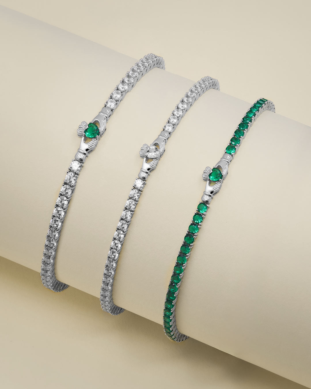 close up shot of Claddagh 3mm cz tennis bracelets stack from Solvar