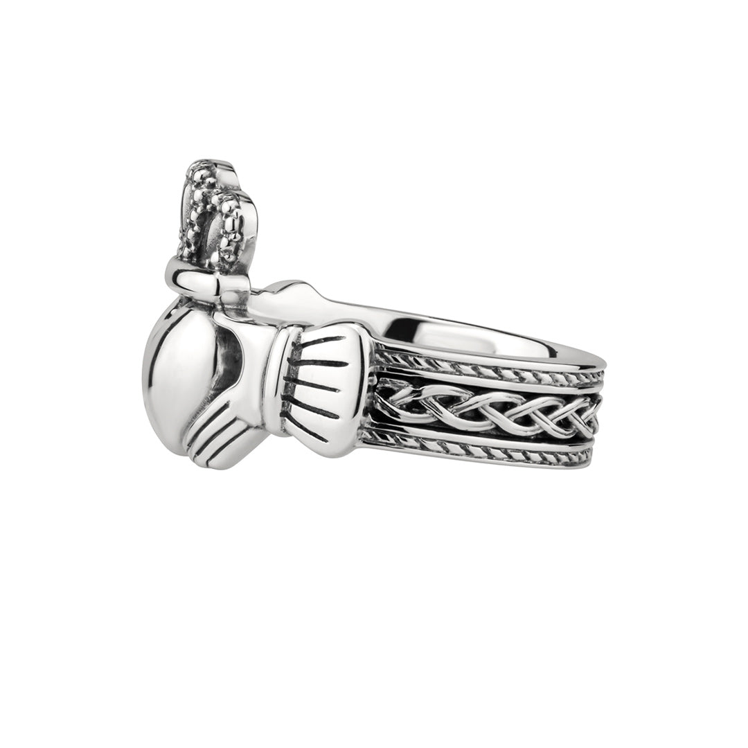 a side view of sterling silver heavy celtic claddagh ring s21070 from Solvar