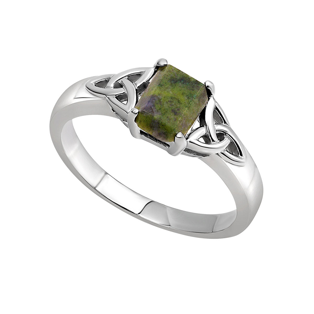 Solvar sterling silver trinity knot ring with Connemara marble stone in the centre