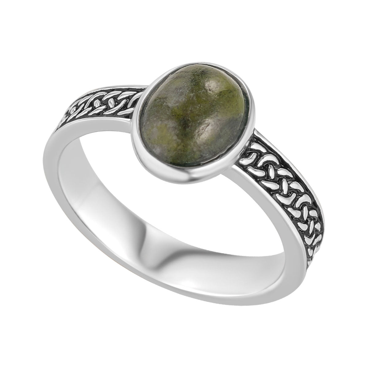 stock image of Connemara marble oxidised silver Celtic band ring s21154 from Solvar jewellery