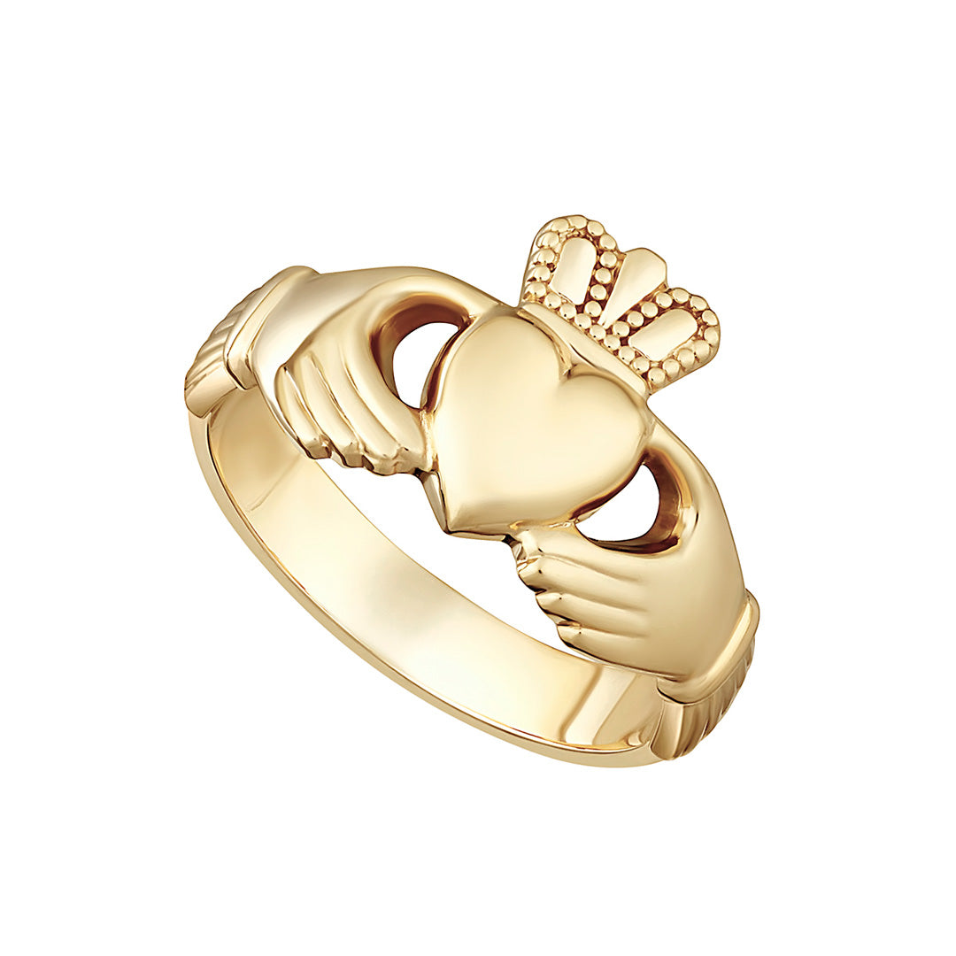 Stock image of yellow Gold mens Heavy Claddagh Ring on white background