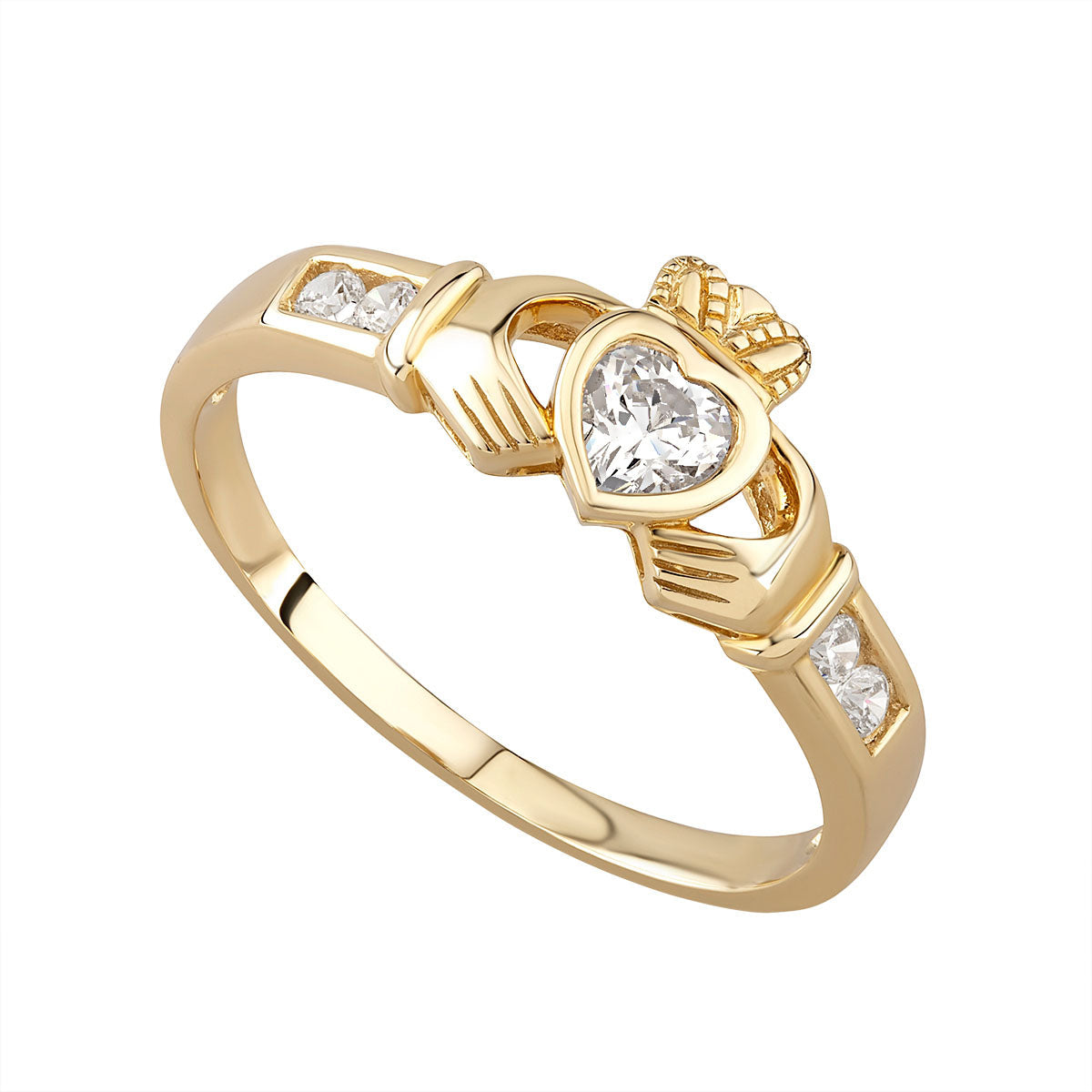 nine karat Gold Cubic Zirconia Claddagh Ring S2368 from Solvar Jewellers, Ireland
