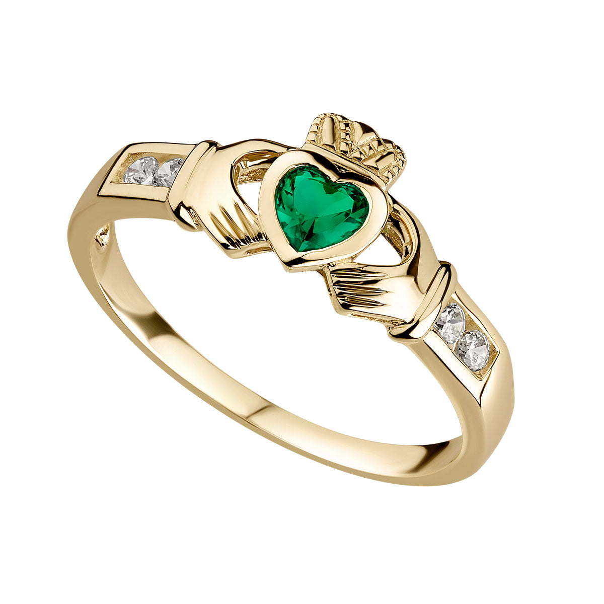 nine karat Gold Emerald And Cubic Zirconia Claddagh Ring S2369 from Solvar Jewellers, Ireland