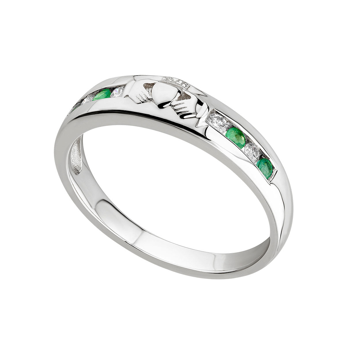 14K white gold diamond and emerald claddagh eternity ring s2620 from Solvar