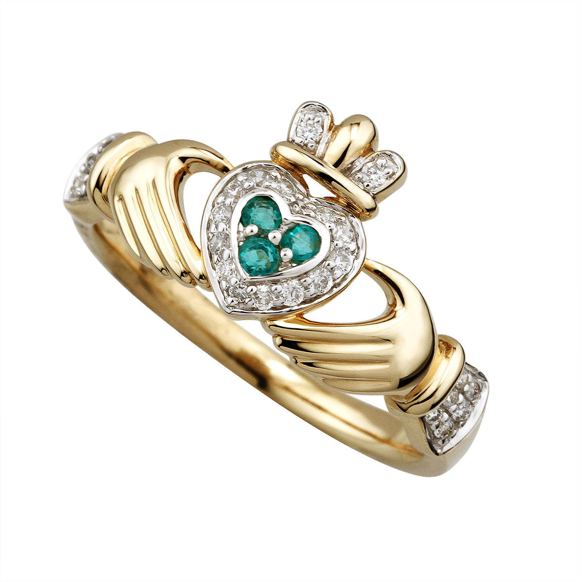 14K gold diamond and emerald set claddagh ring s2945 from Solvar