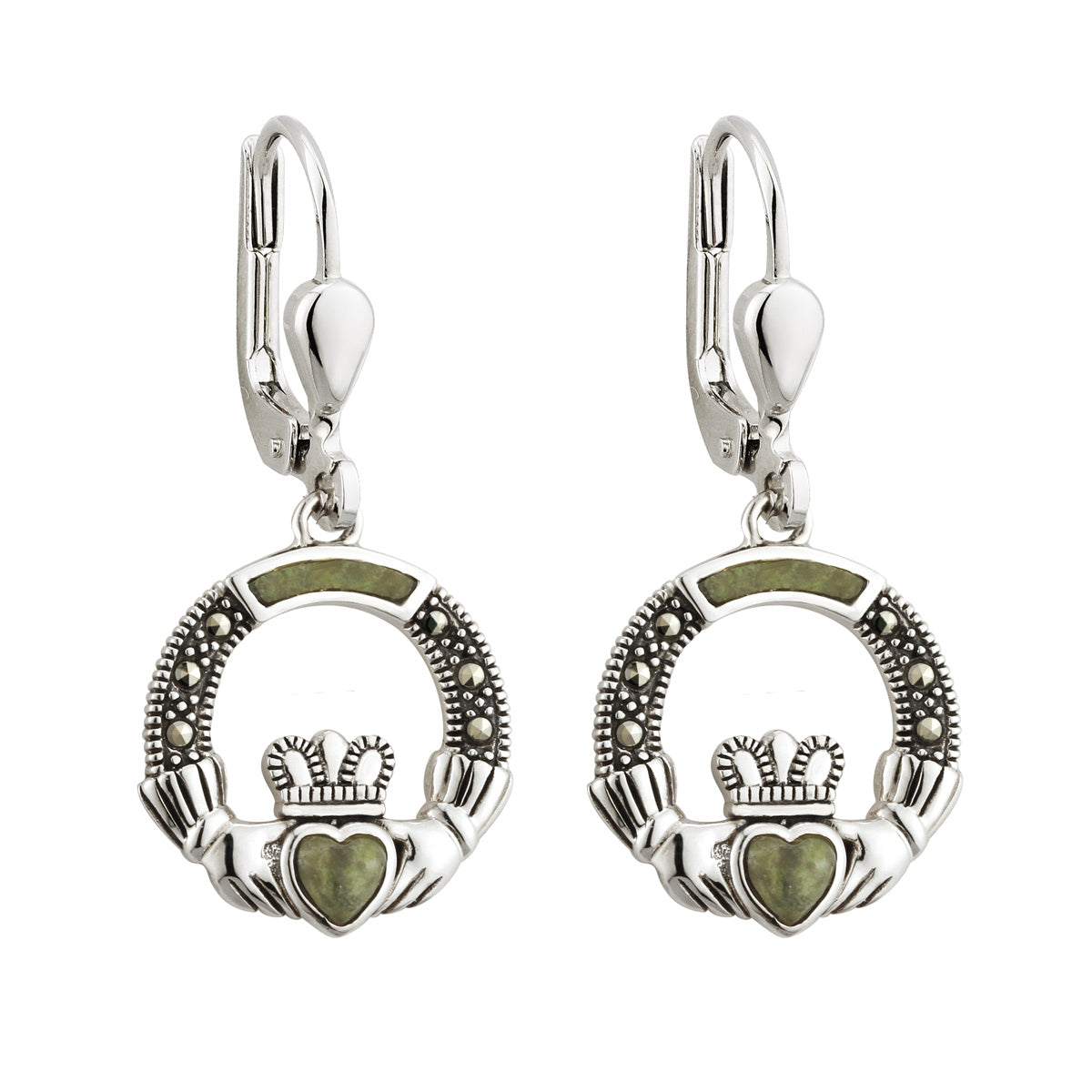 sterling silver marcasite and connemara marble claddagh drop earrings s33558 from Solvar