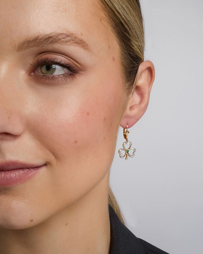 diamond & emerald shamrock drop earrings s33744 on a model 2