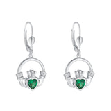 Stock image of Solvar Sterling Silver Large Green Cz Heart Claddagh Earrings S34175