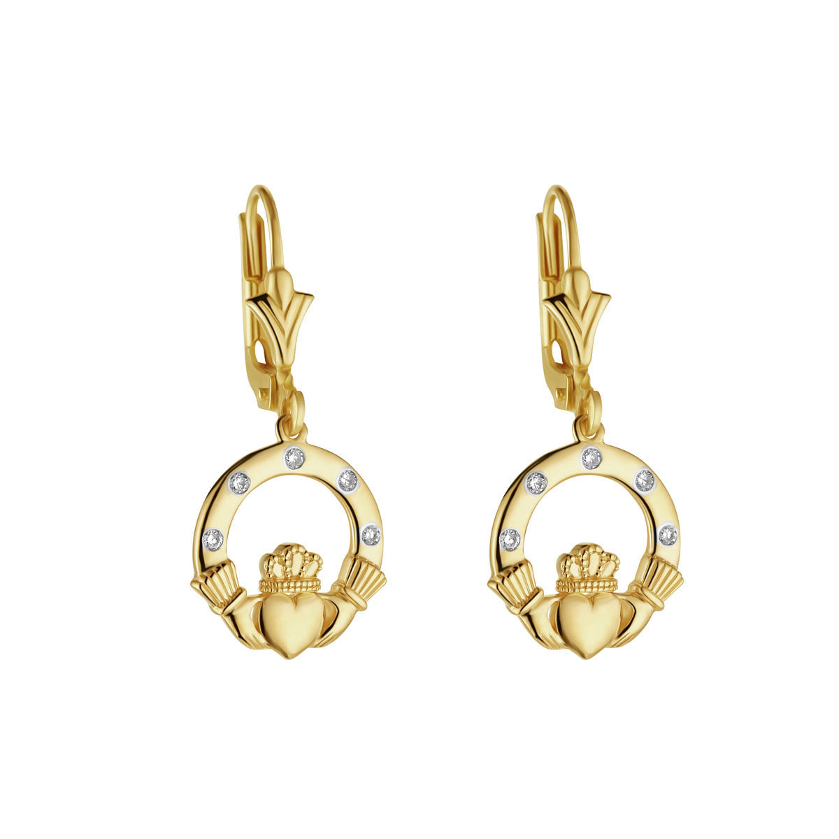 14K Gold Flush Set Diamond Claddagh Earrings S34191 from Solvar Irish Jewellery