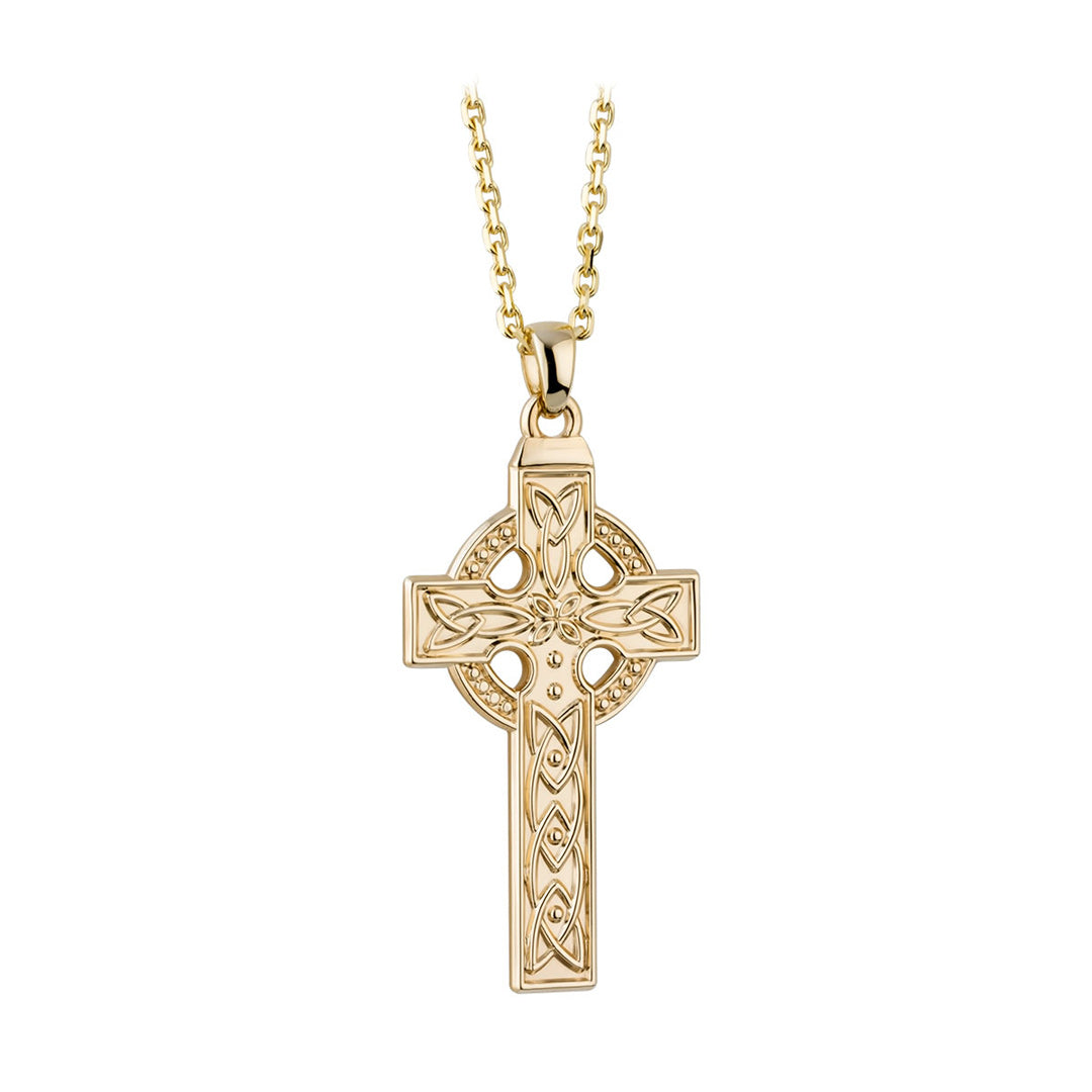 plain image of solvar 14k gold large embossed celtic cross on the white background