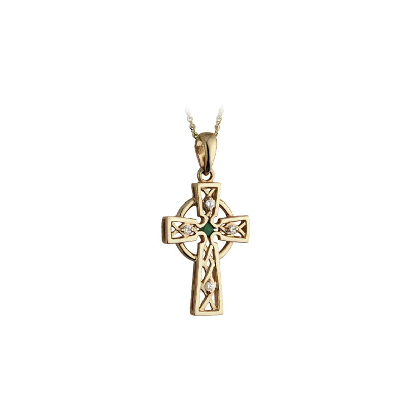 nine karat Gold Emarald And Cubic Zirconia Celtic Cross Pendant S44508 from Solvar Jewellers, Ireland