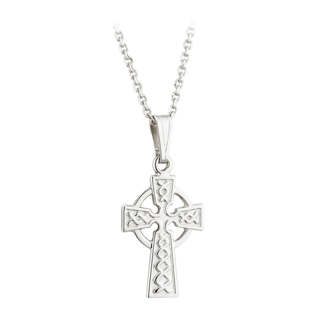 plain image of solvar white gold small celtic cross necklace on the white background