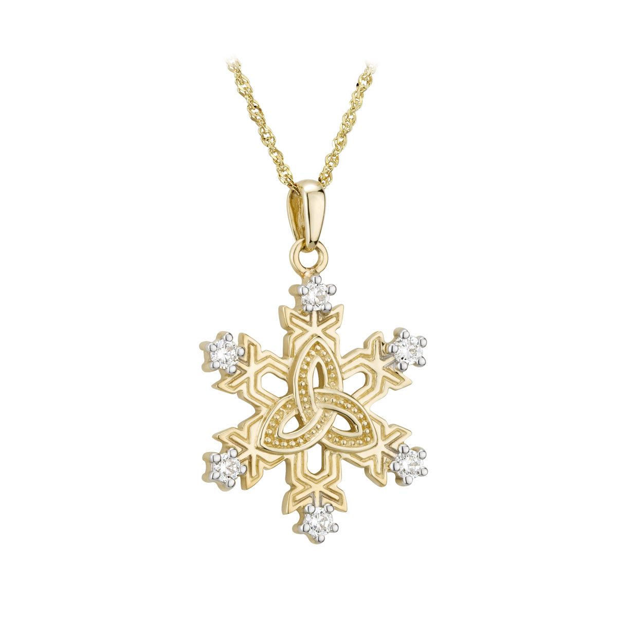 10 karat gold cubic zirconia celtic snowflake necklace from Solvar comes on 18 inch 10 karat gold rolo chain