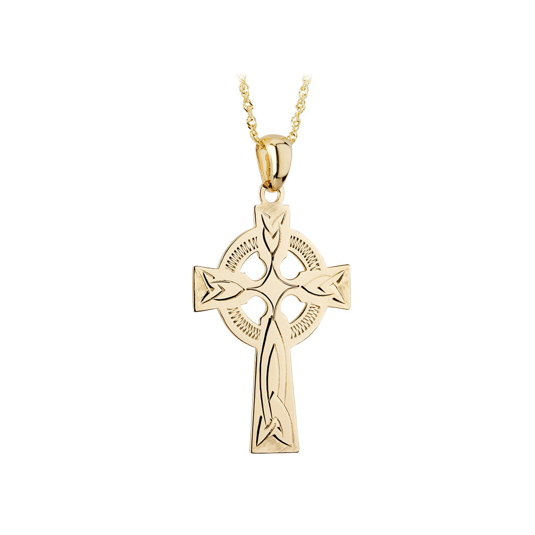 plain image of solvar gold hand engraved celtic cross necklace on the white background