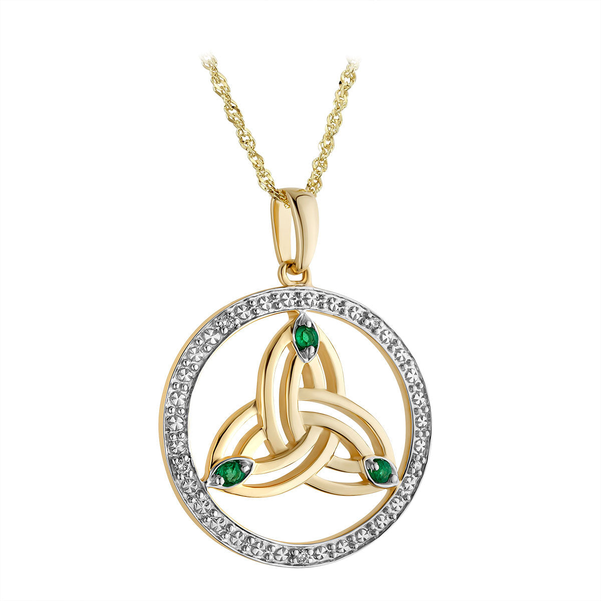 14 karat White & Yellow Gold Diamond & Emerald Round Trinity Knot Necklace S46786 on 18 inch 14 karat gold Sing chain from Solvar