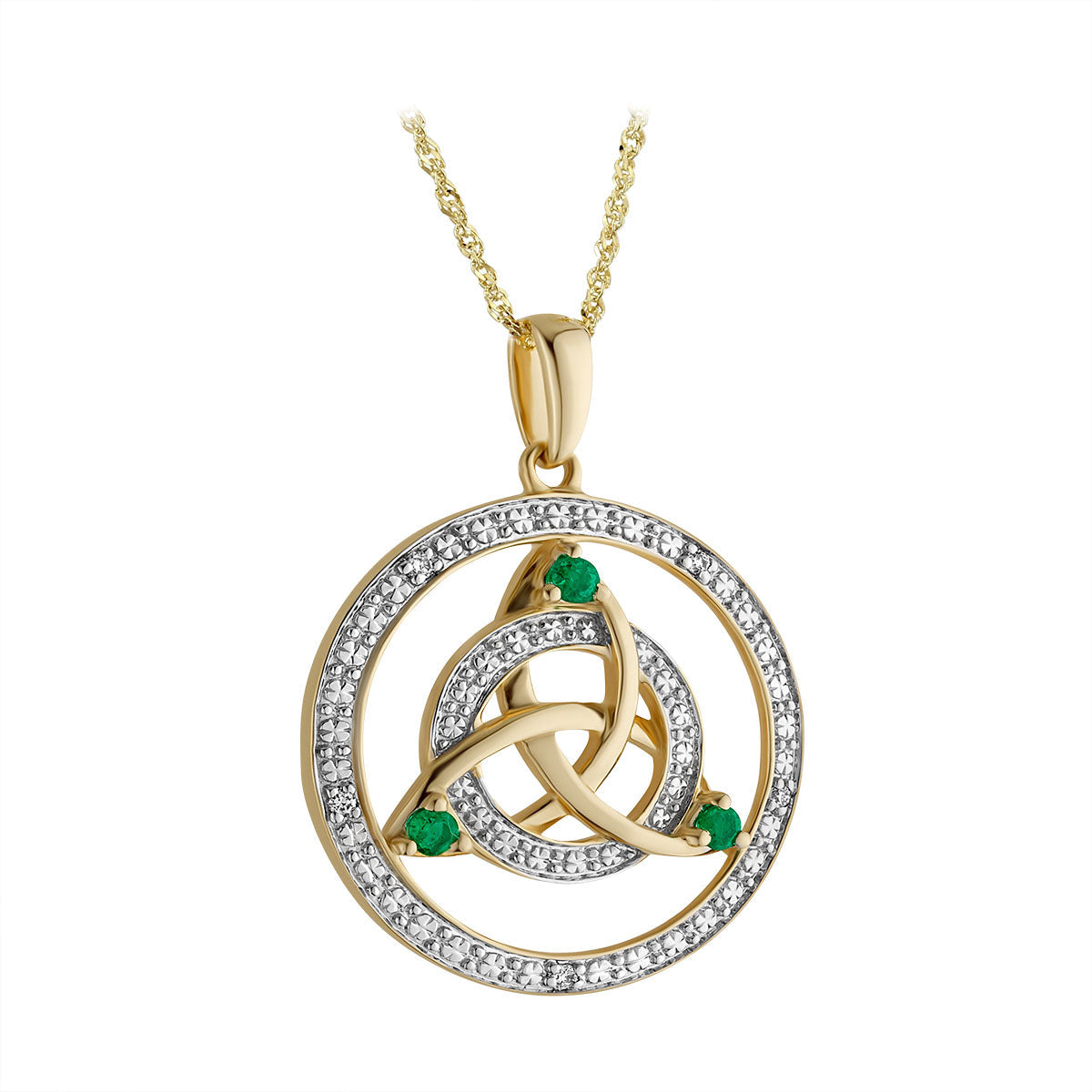 14 karat White & Yellow Gold Diamond & Emerald Round Celtic Knot Necklace S46788 on 18 inch 14 karat gold Sing chain from Solvar