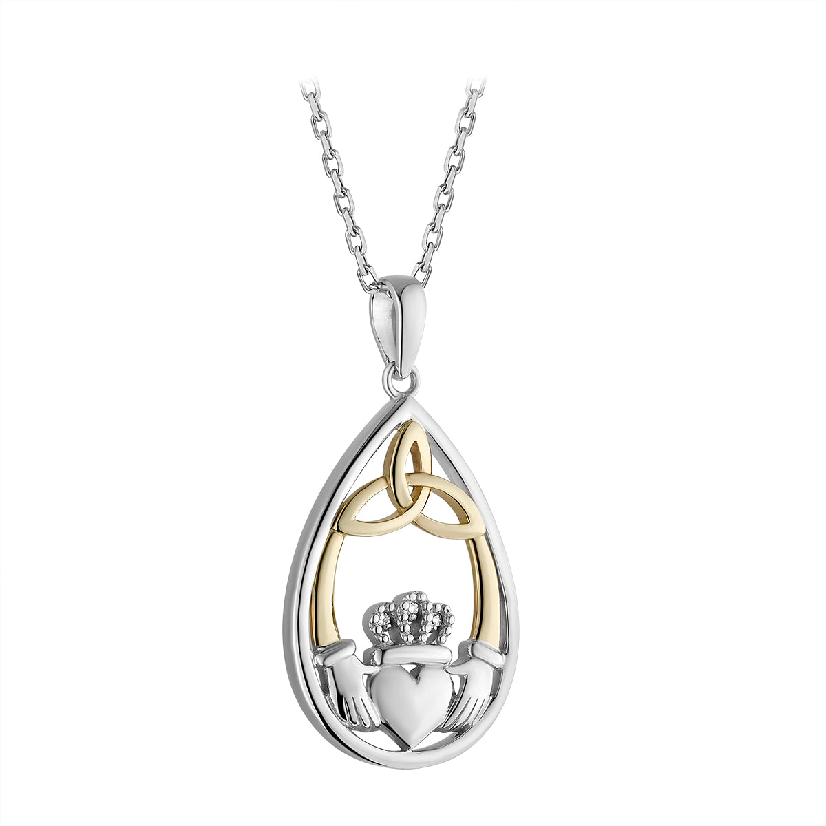 Silver & 10K Gold Diamond Oval Claddagh Necklace S46805 on 18 inch sterling silver Rolo chain from Solvar